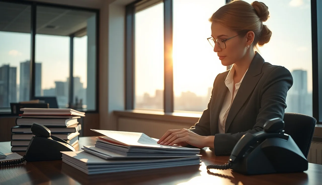 Compliance professional reviewing telemarketing documents at a sunlit office desk