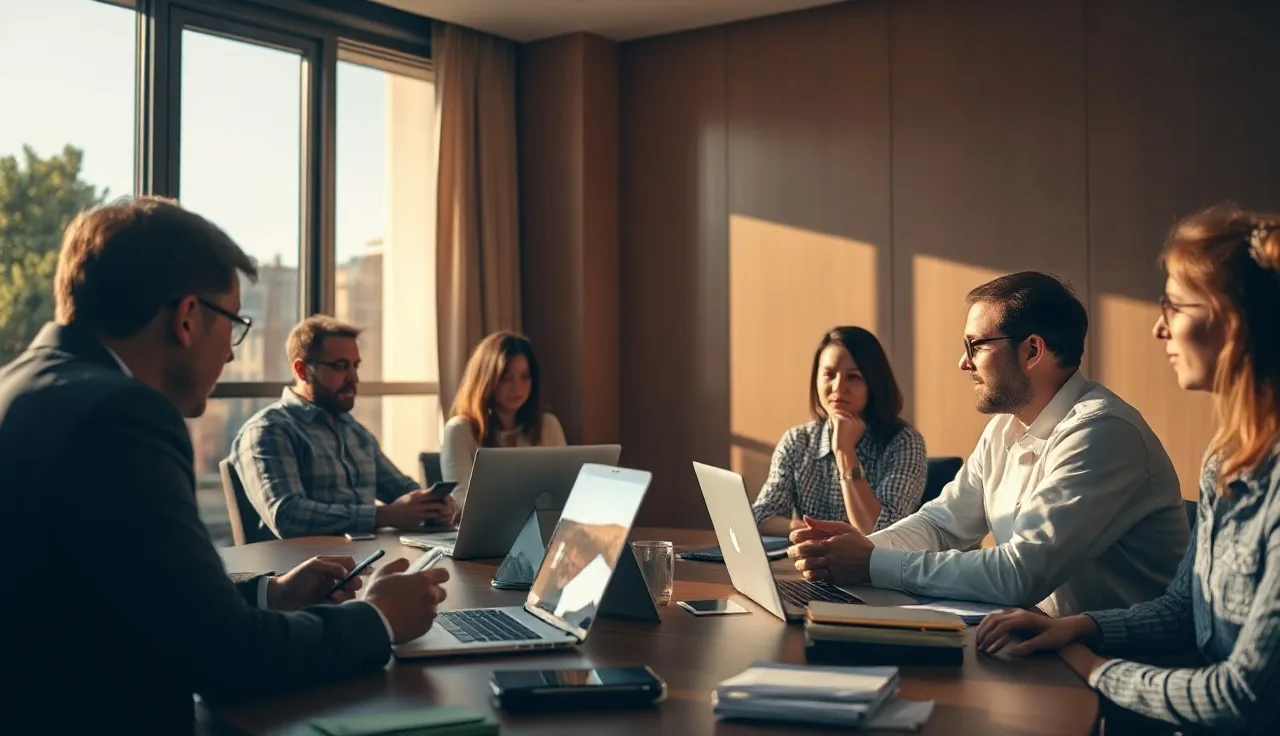 People on a group audio call in a conference room, recording consent compliance context