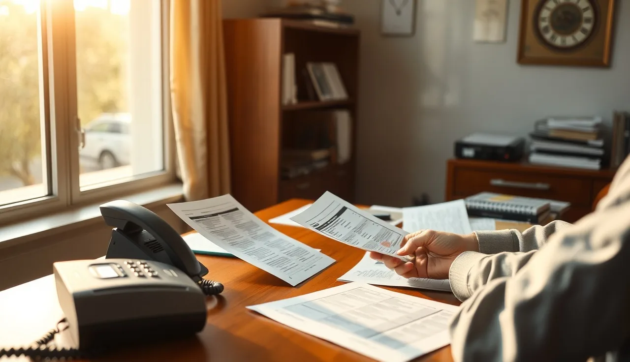 Person reviewing outbound call sheets at a desk in California afternoon light
