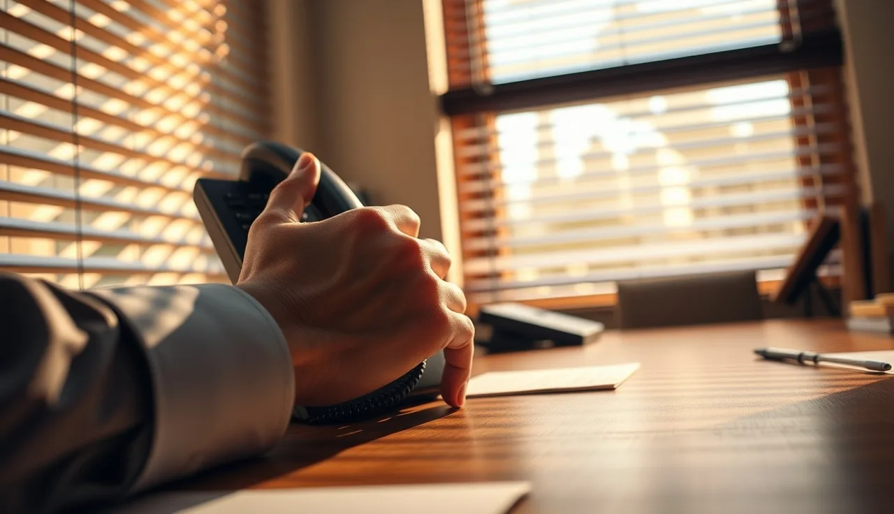 Sales agent's hand near desk phone in a sunlit Texas office