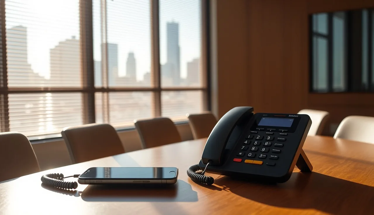 Office phone and smartphone on a desk with Chicago skyline visible in background