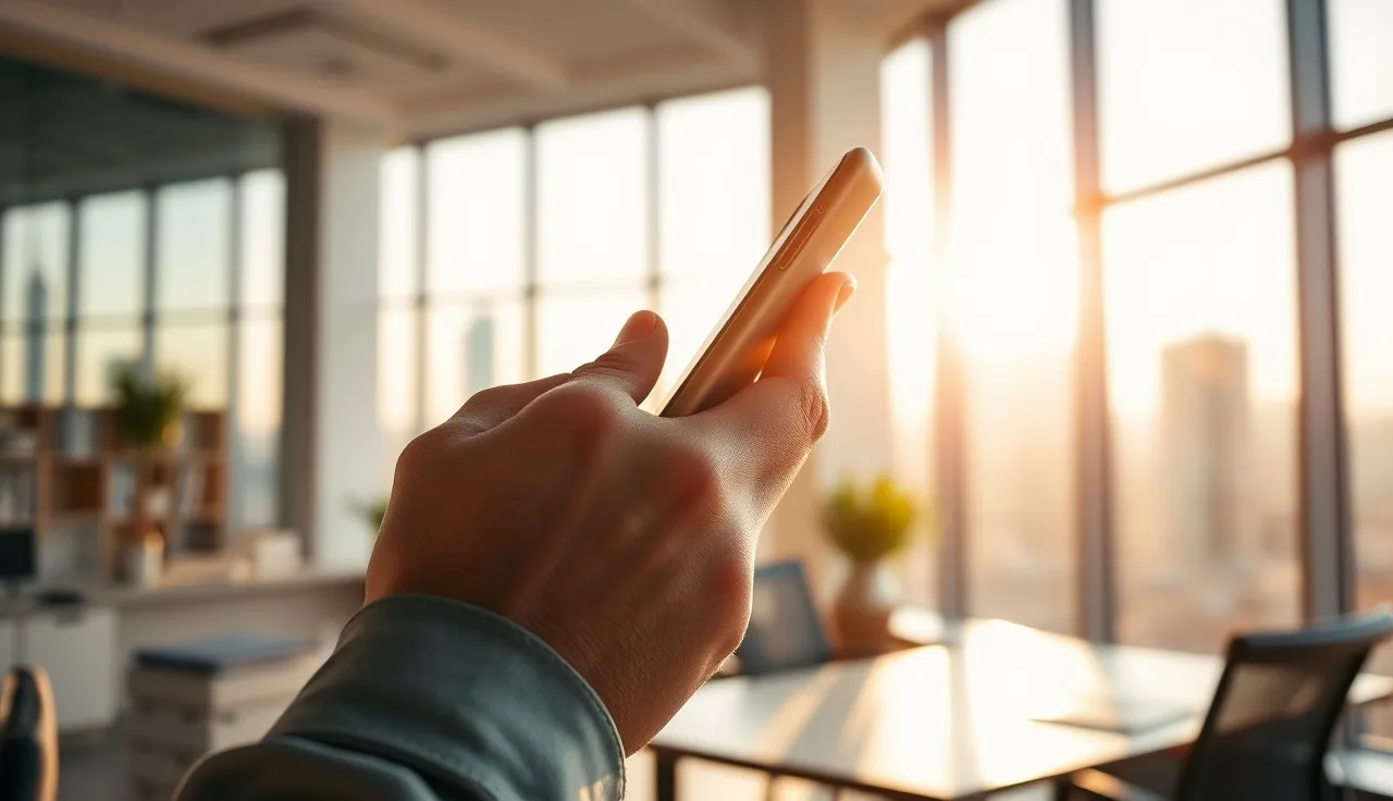 Person recording a phone call in an office with city skyline visible