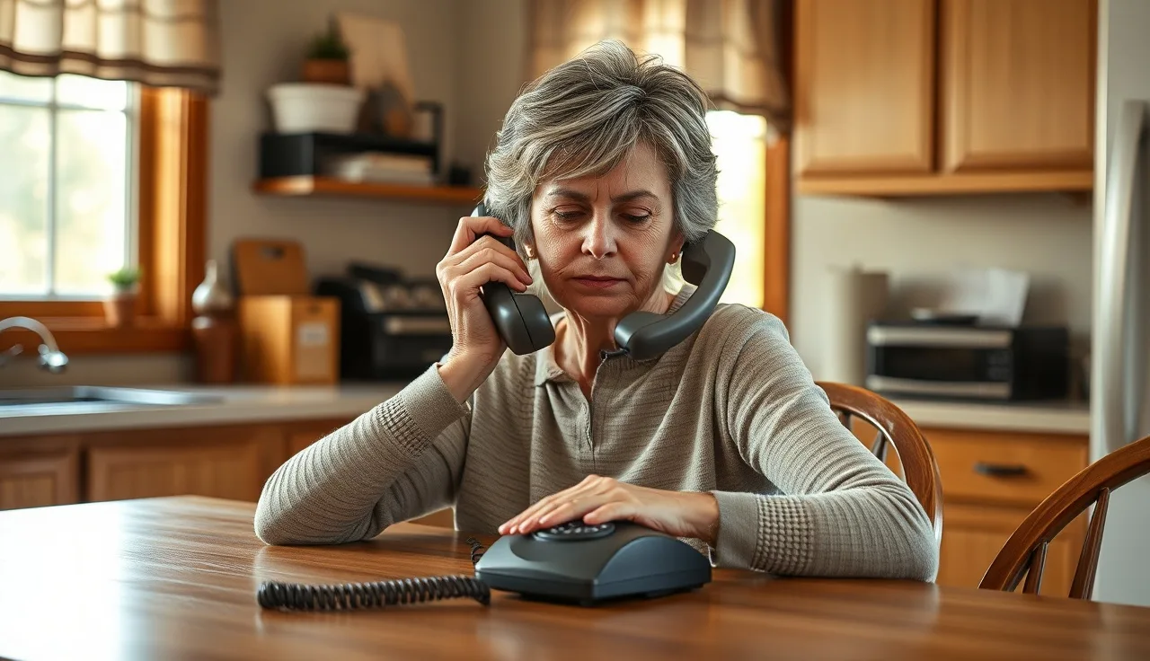 Woman at kitchen table declining a telemarketing call on her landline phone