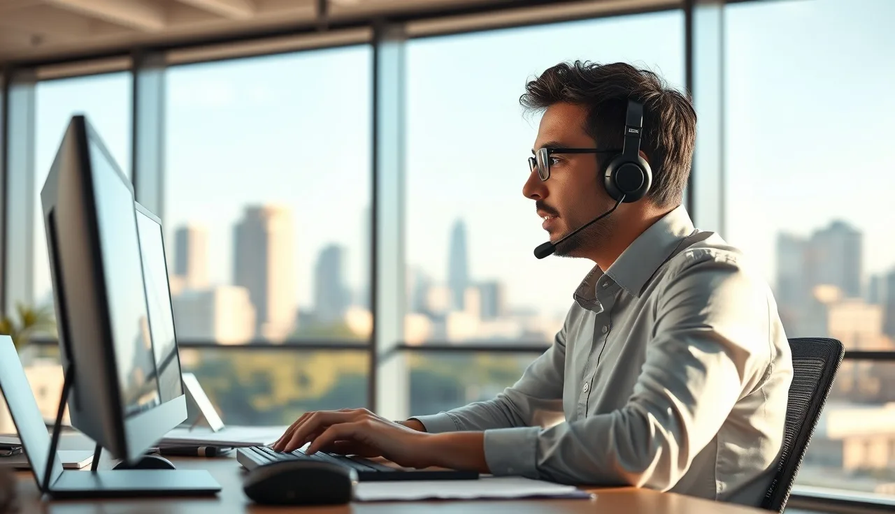 Sales rep on headset phone call at office desk with city windows in background