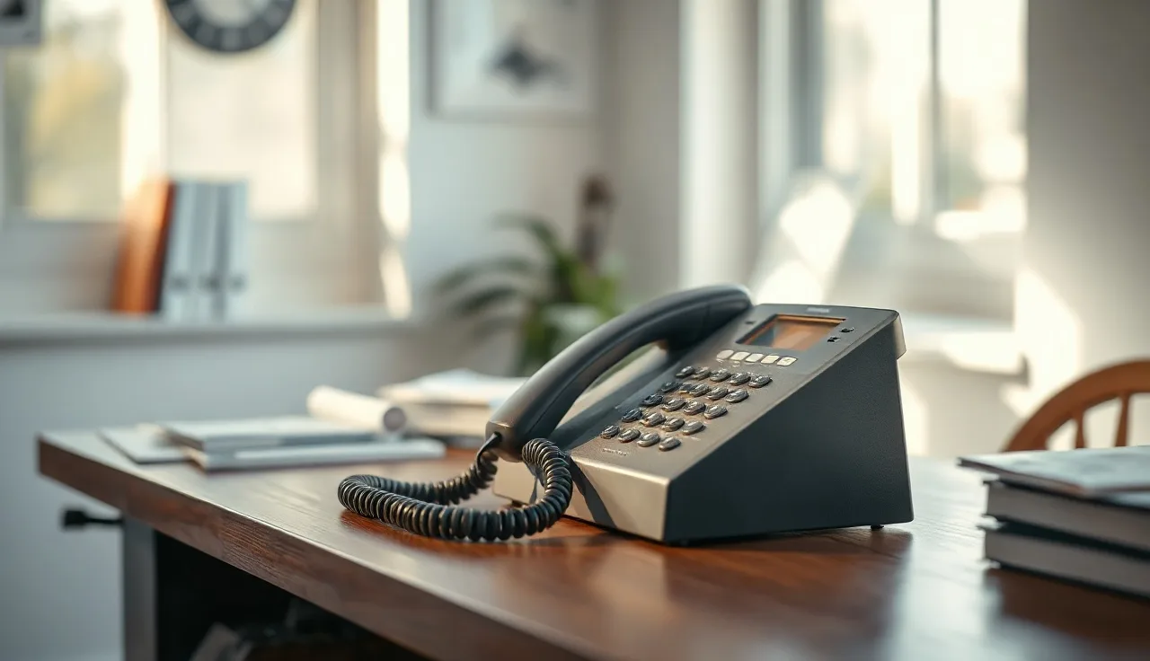 Landline telephone handset on a wooden office desk in soft afternoon light