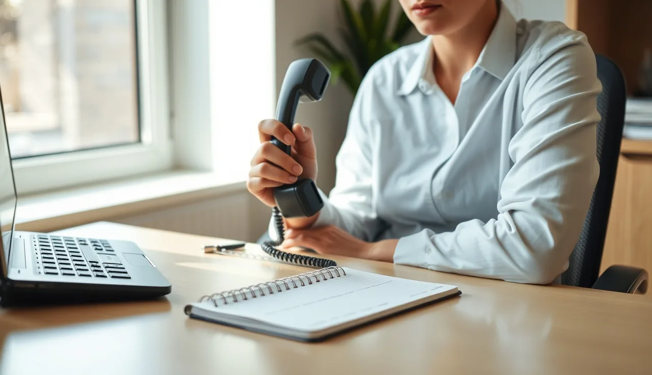 Person holding telephone handset at desk, phone call recording compliance setting