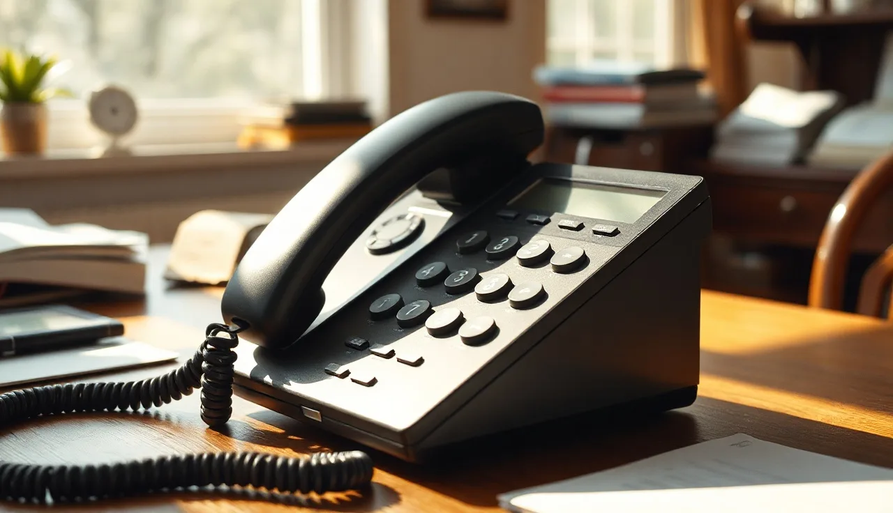 Landline telephone on a wooden desk in a sunlit office, representing Massachusetts call recording laws