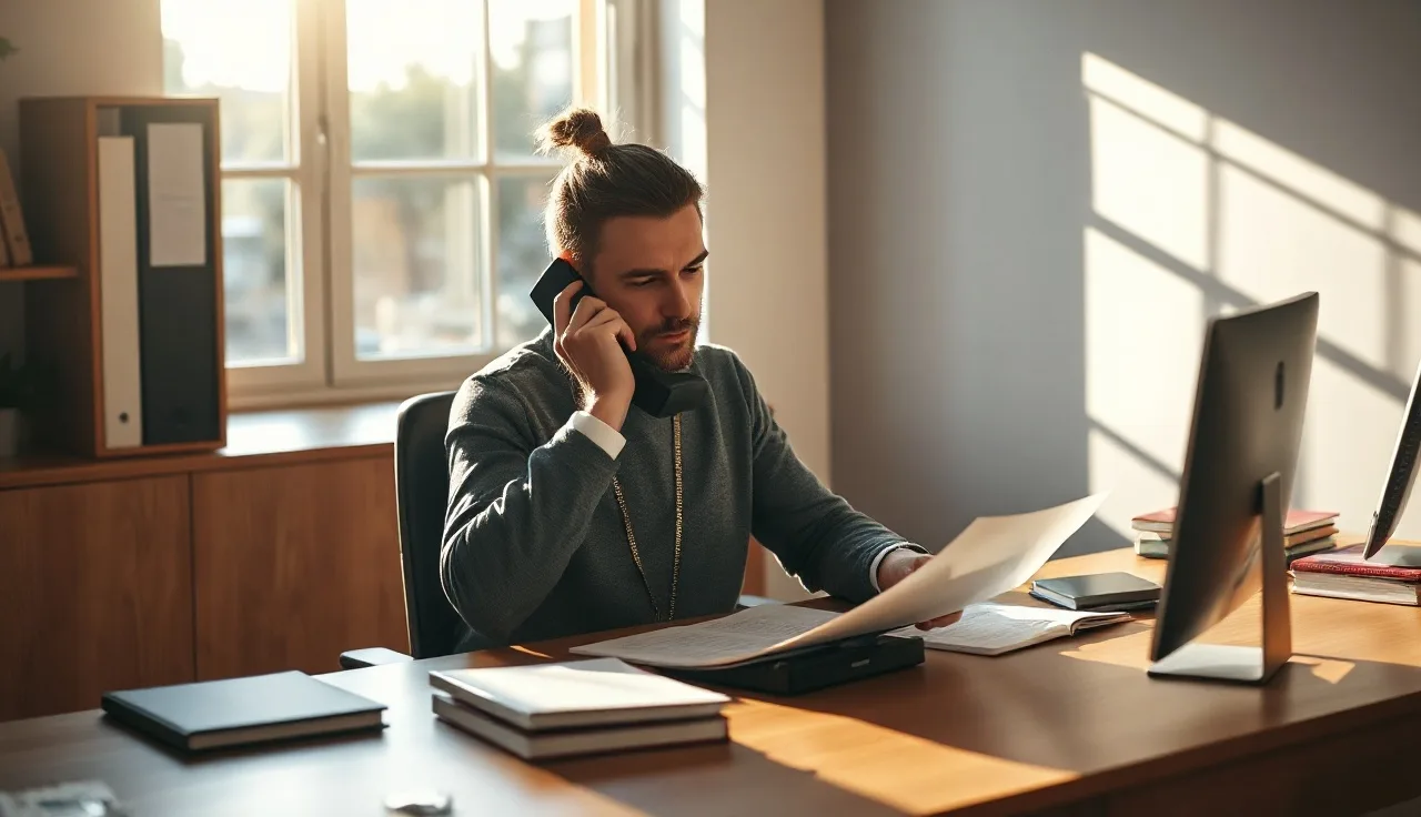 Person on a phone call at a sunlit desk reviewing compliance papers