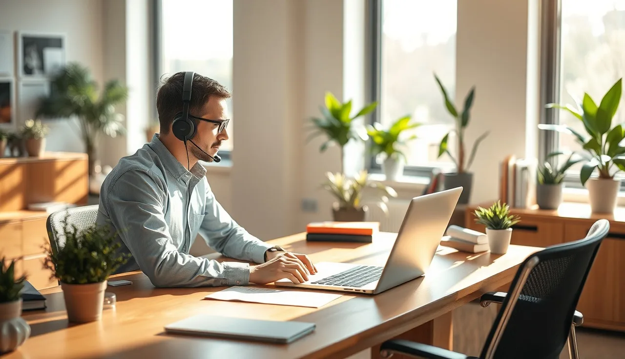 Business professional on a headset recording a phone call at a Minneapolis office desk