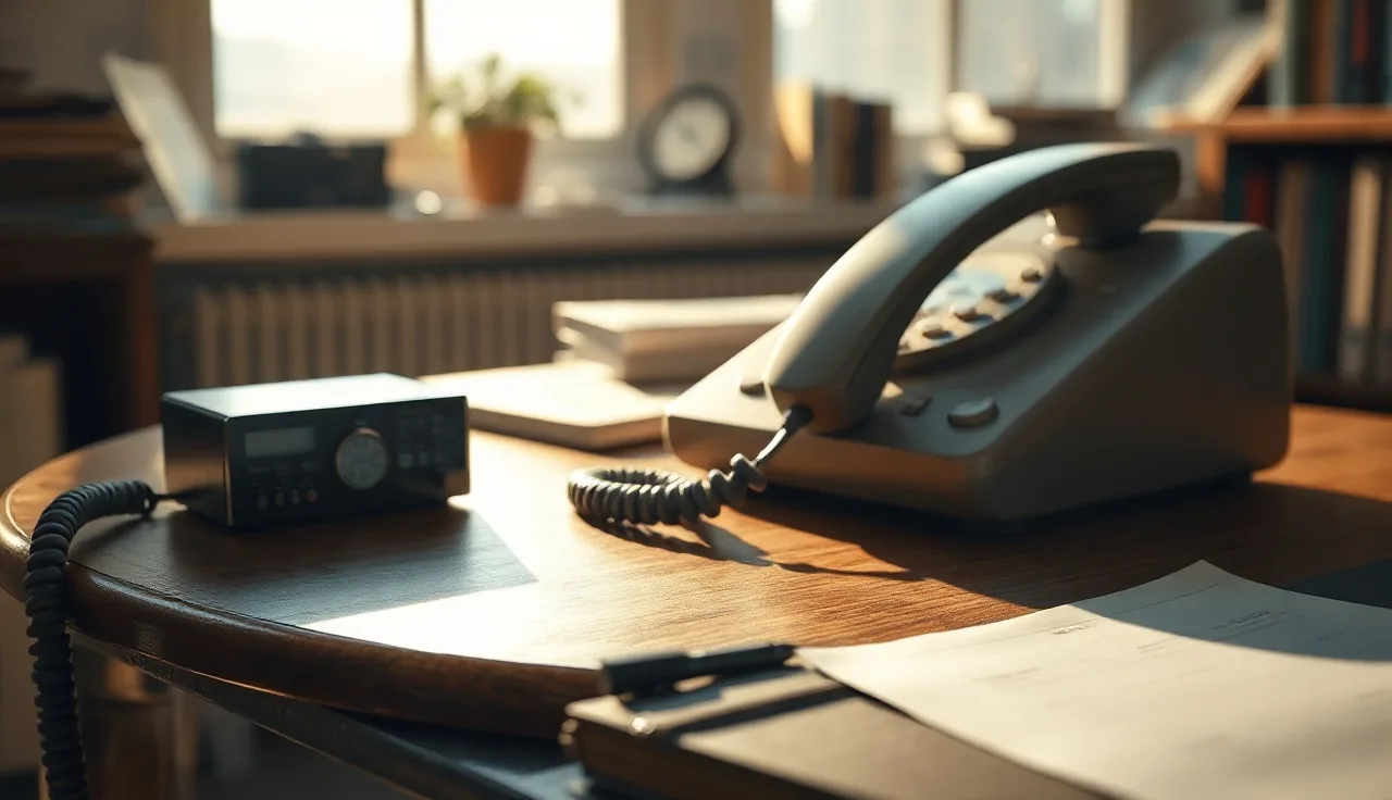 Landline telephone handset on a wooden desk with a recording device nearby