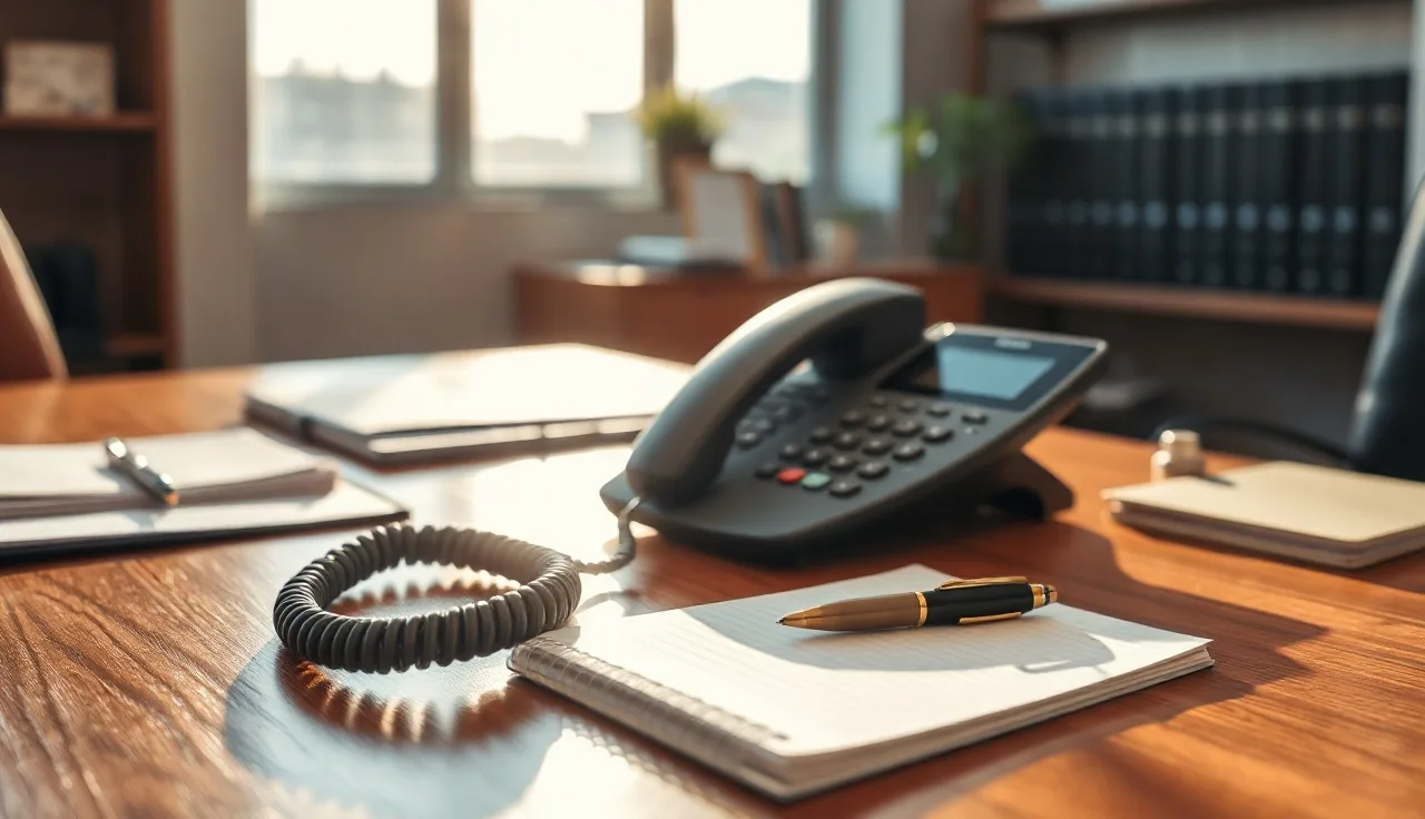 Office telephone on a desk in a sunlit room, representing call recording compliance