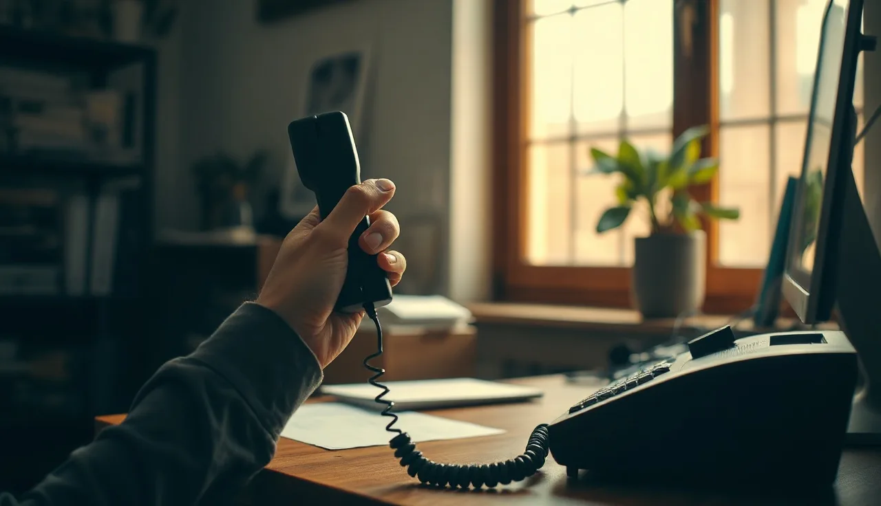 Person on a phone call at a wooden desk in a sunlit home office
