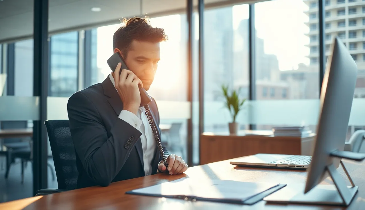 Business person on a desk phone in a Columbus Ohio office, afternoon light