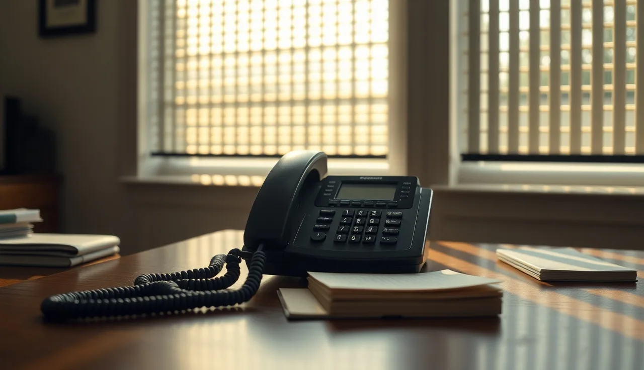Landline telephone on a wooden desk in an Ohio office with afternoon window light