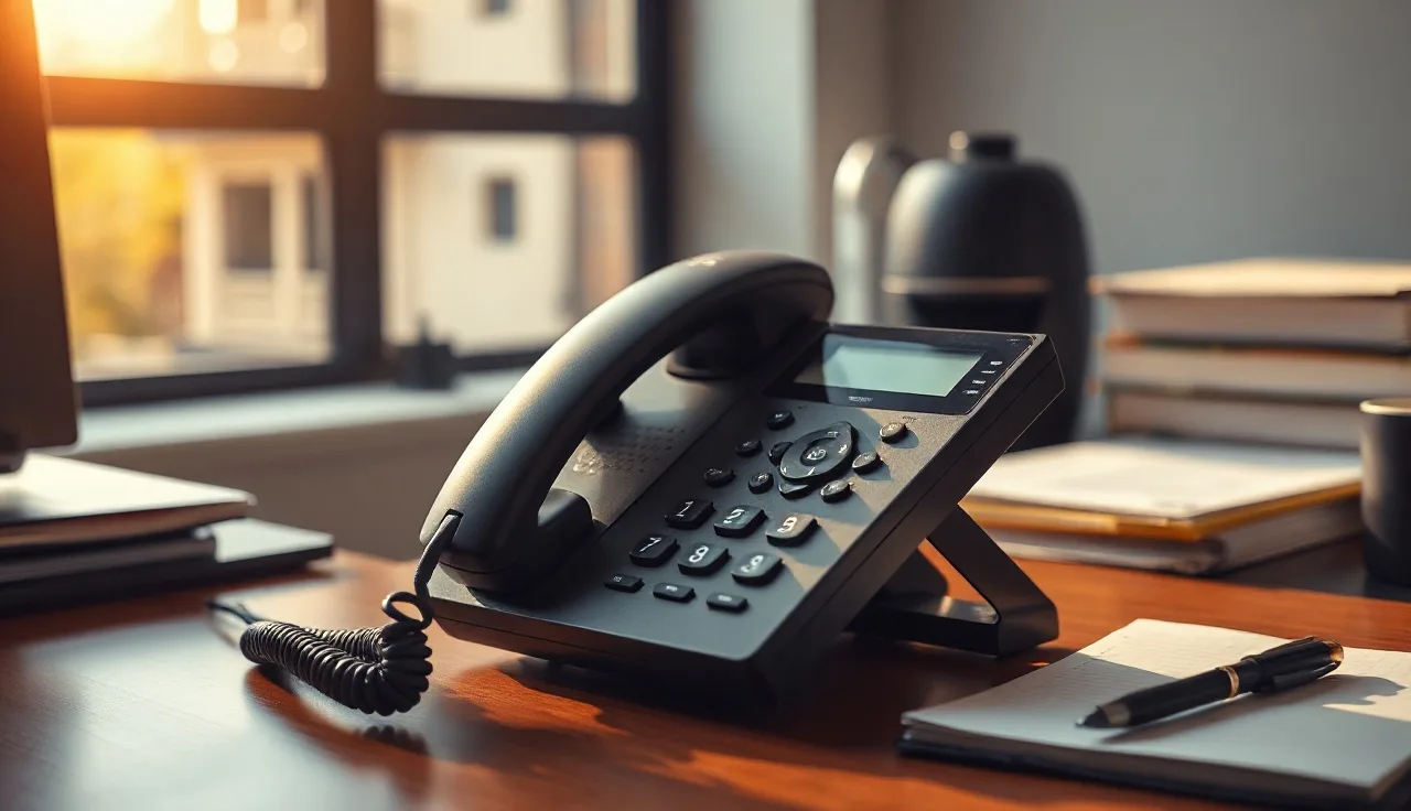Telephone handset on an office desk in warm afternoon light, representing call recording compliance