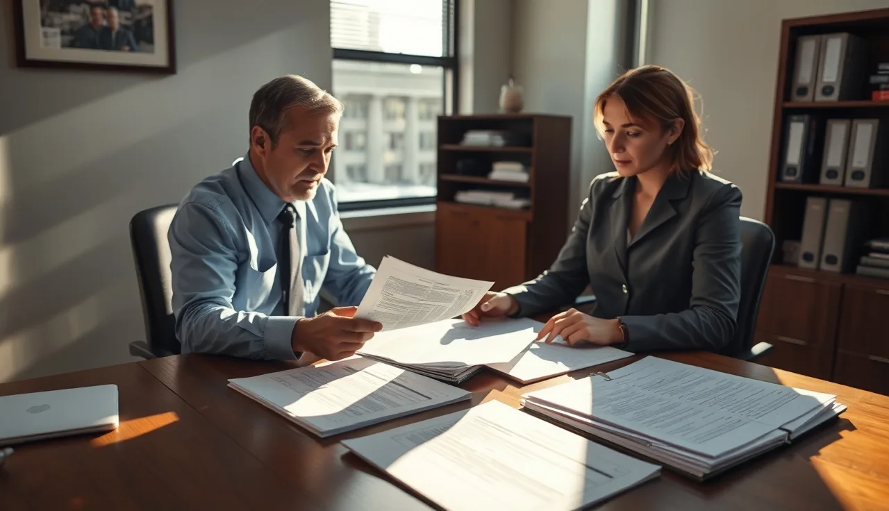 Compliance officer reviewing call logs at a desk, Oklahoma office afternoon light