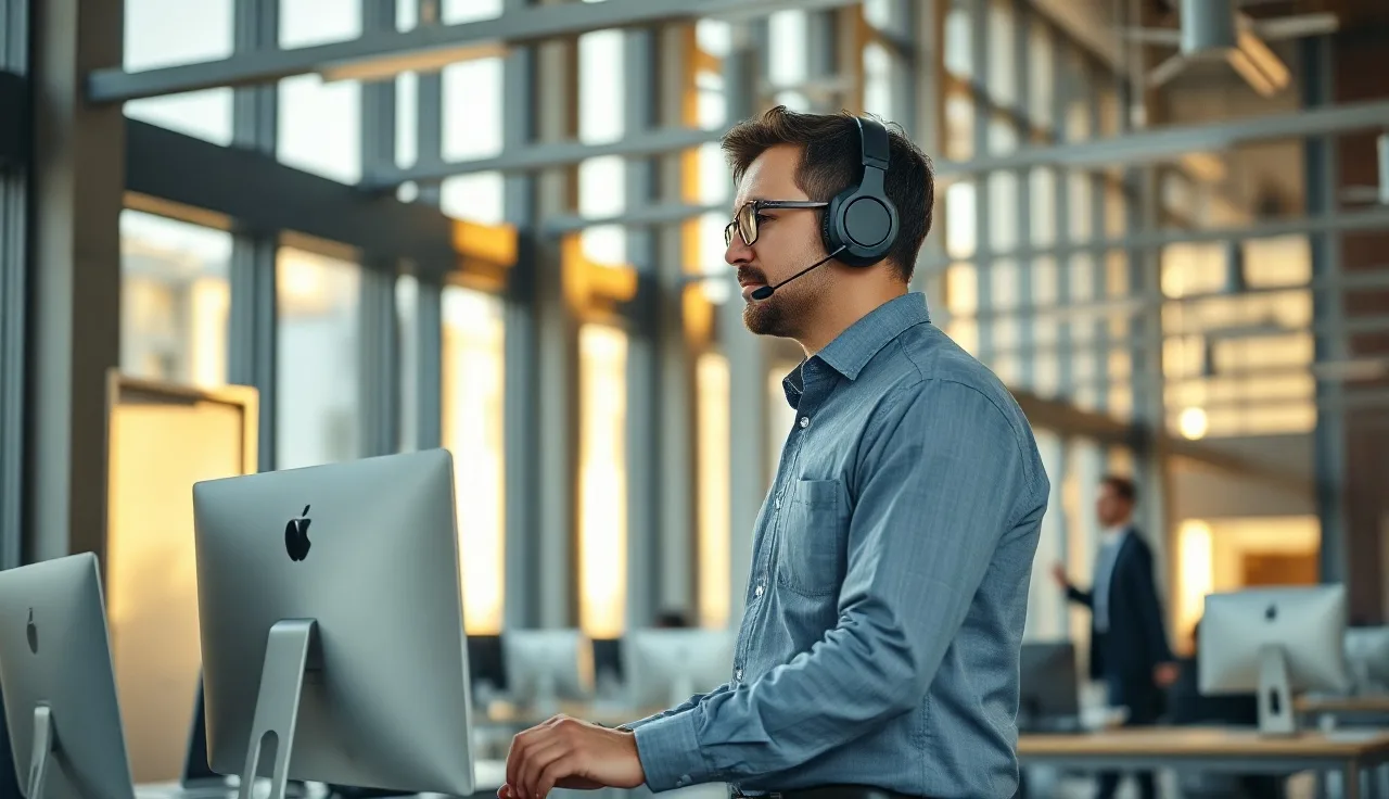 Sales professional wearing a headset recording an outbound call at a standing desk