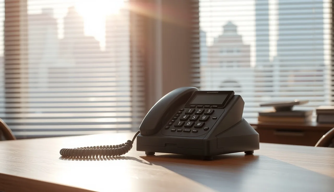 Landline phone on a wooden office desk with Philadelphia buildings in background