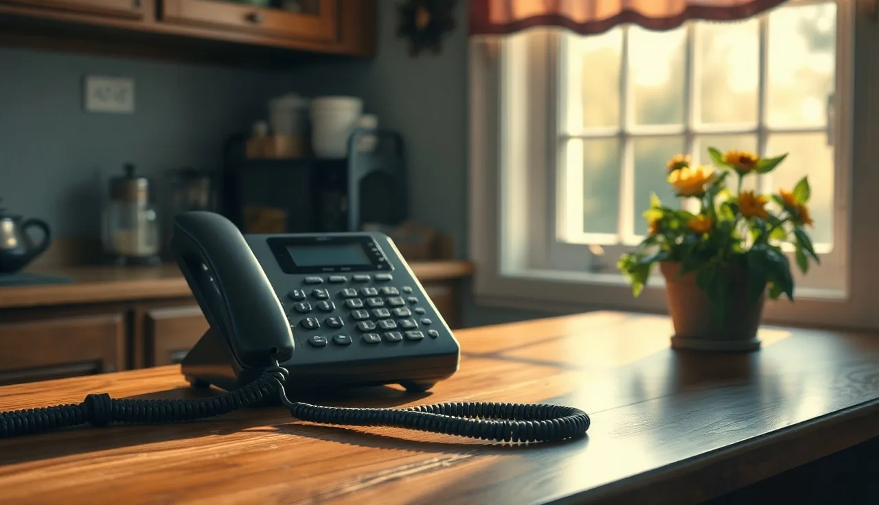 Landline telephone on a kitchen counter in a Pennsylvania home, afternoon light