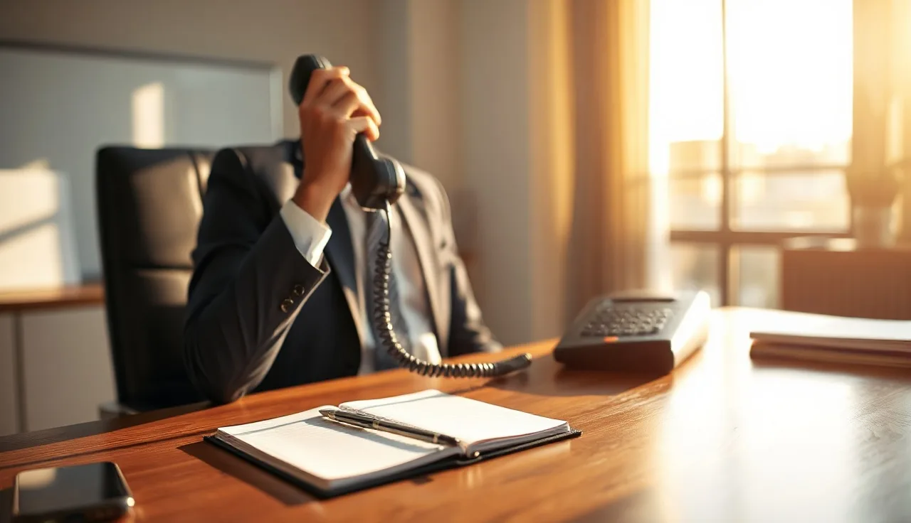 Business professional recording a phone call at an office desk in afternoon light