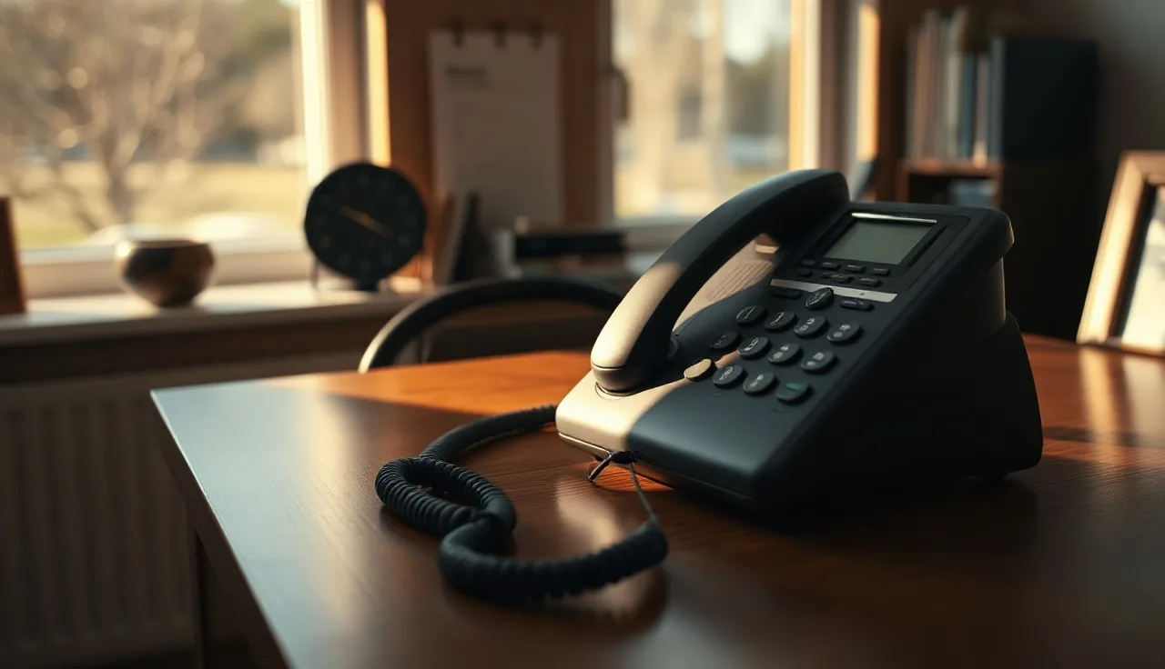 Landline telephone on a wooden desk with afternoon sunlight, representing robocalling laws