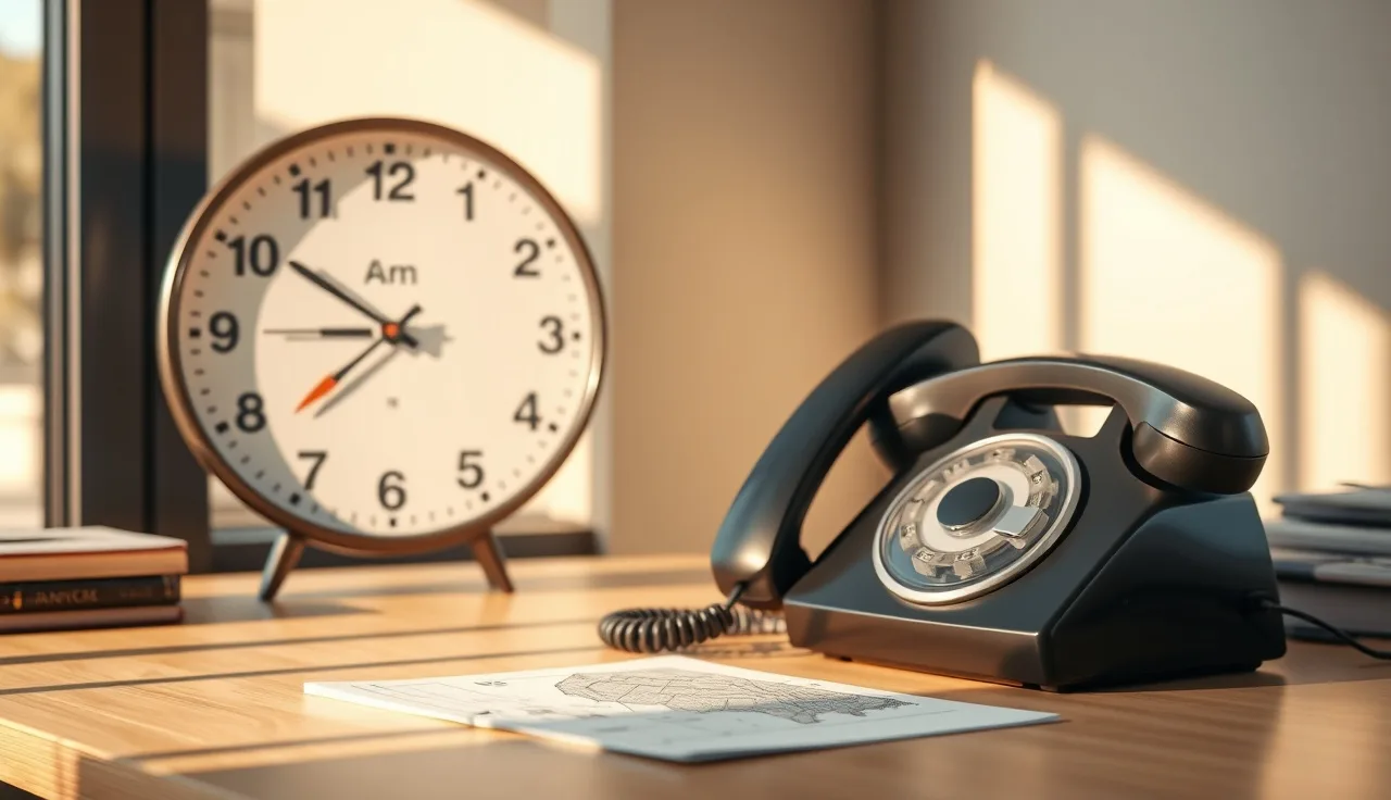 Analog clock showing 9am beside a telephone handset on an office desk