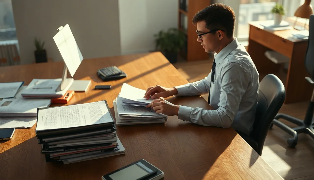 Compliance officer reviewing printed call lists at a sunlit office desk