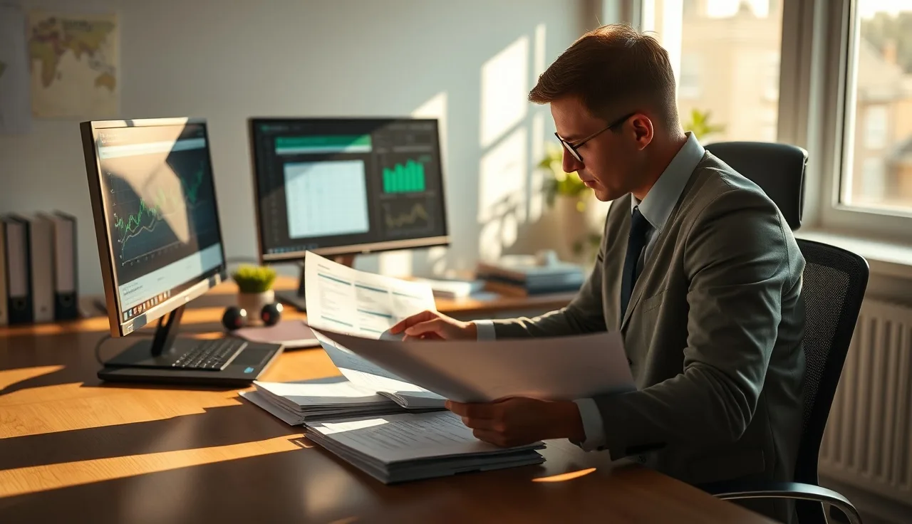 Compliance officer reviewing state telemarketing law documents at a sunlit desk