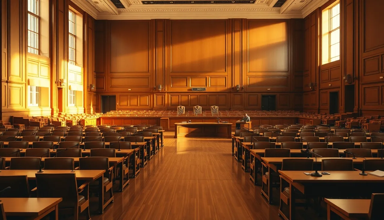 Empty state government hearing room with wooden chairs and microphones, symbolizing TCPA-equivalent state telemarketing law proceedings