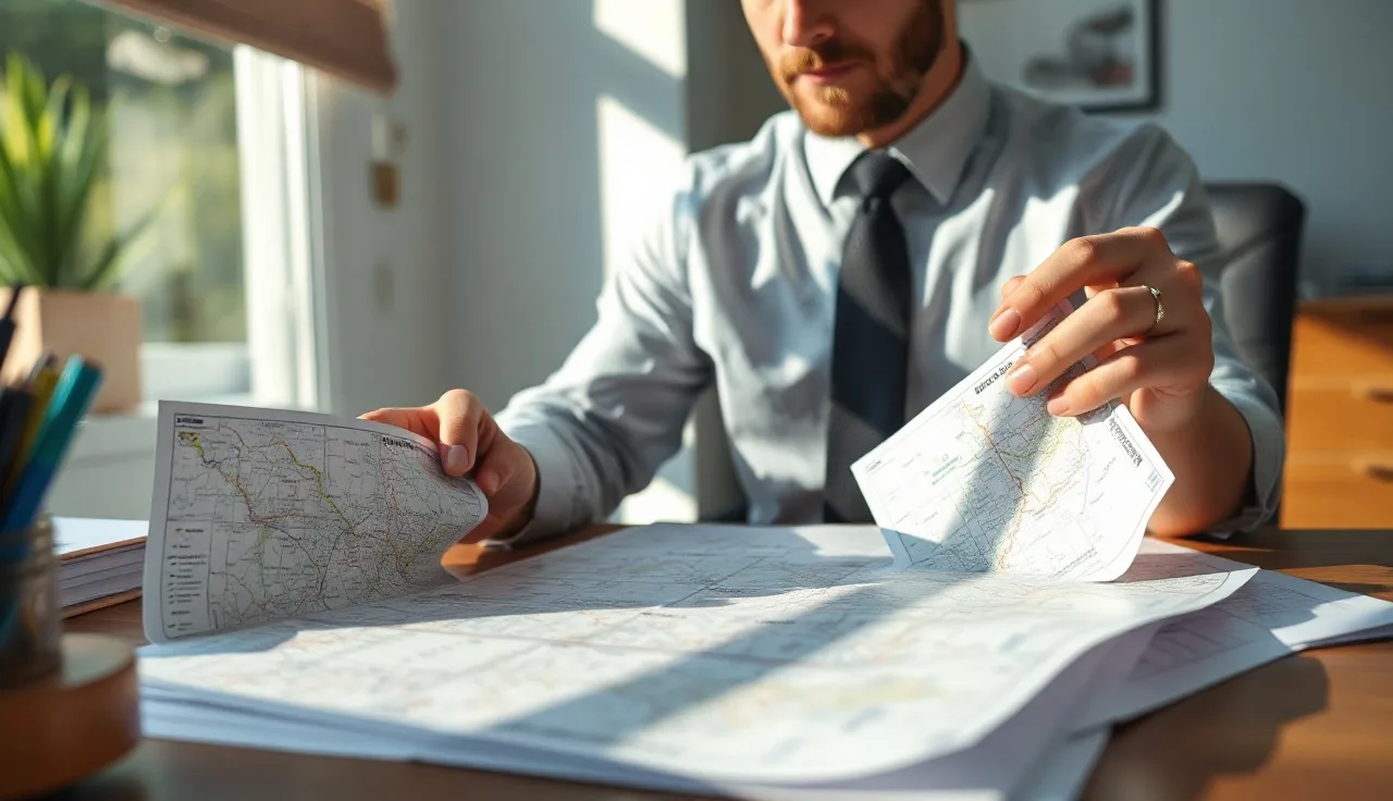 Sales professional reviewing state maps related to telemarketer registration requirements