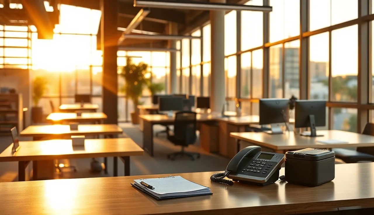 Empty office desk with phone and notepad in Austin Texas afternoon light