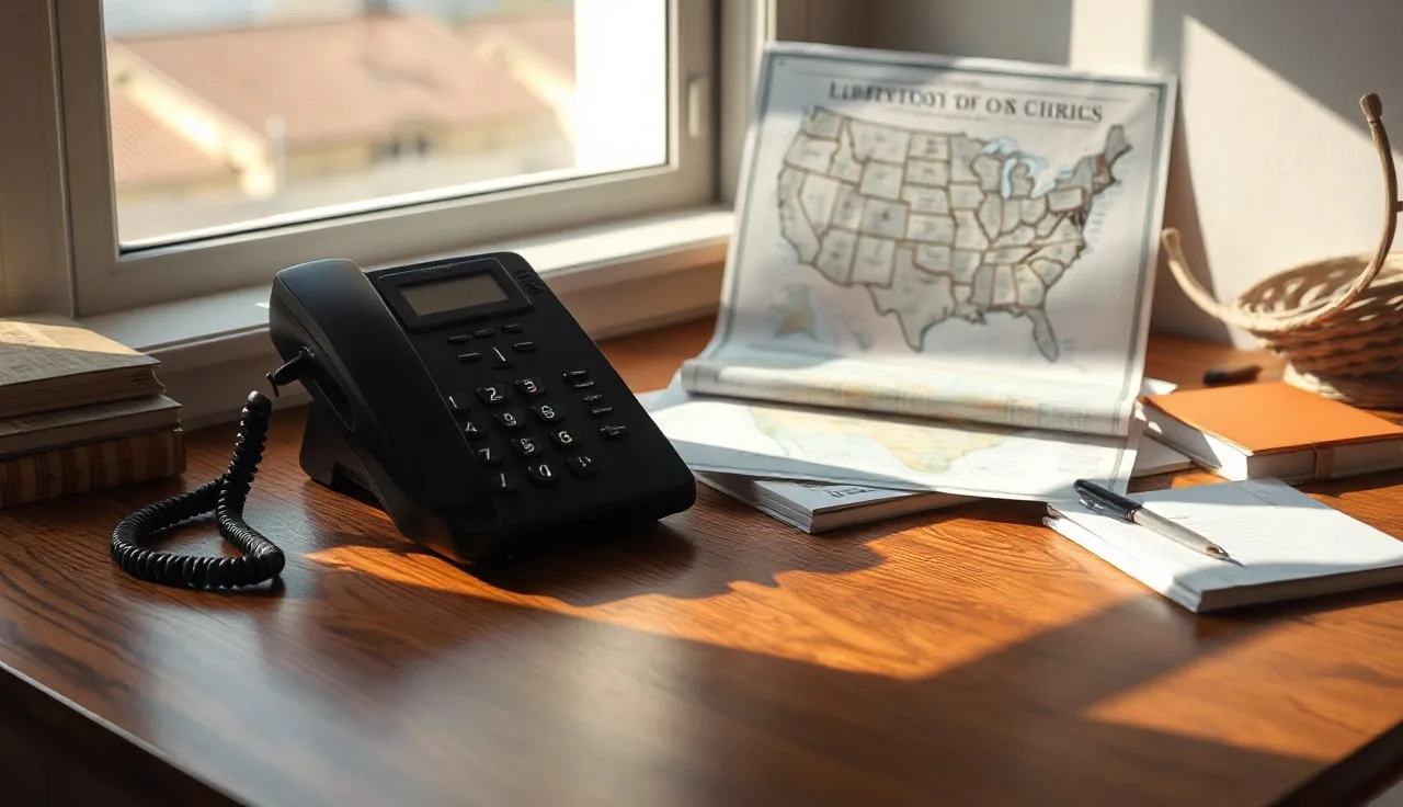Telephone handset beside a US map on a desk showing state telemarketing compliance context