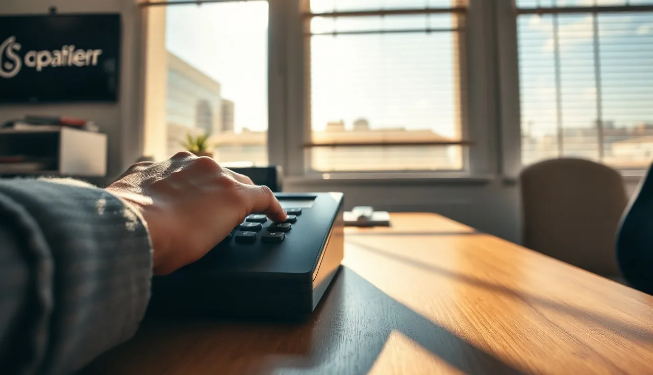 Hand near desk phone handset illustrating telephone call recording compliance