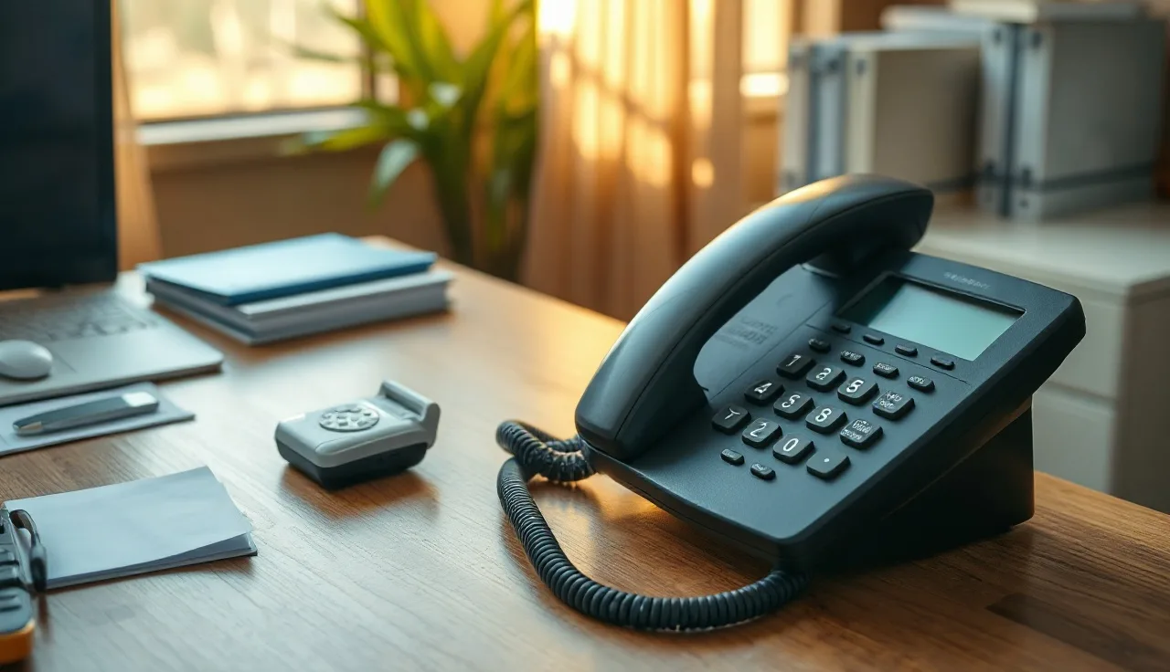 Landline phone and voice recorder on a wooden desk in afternoon light