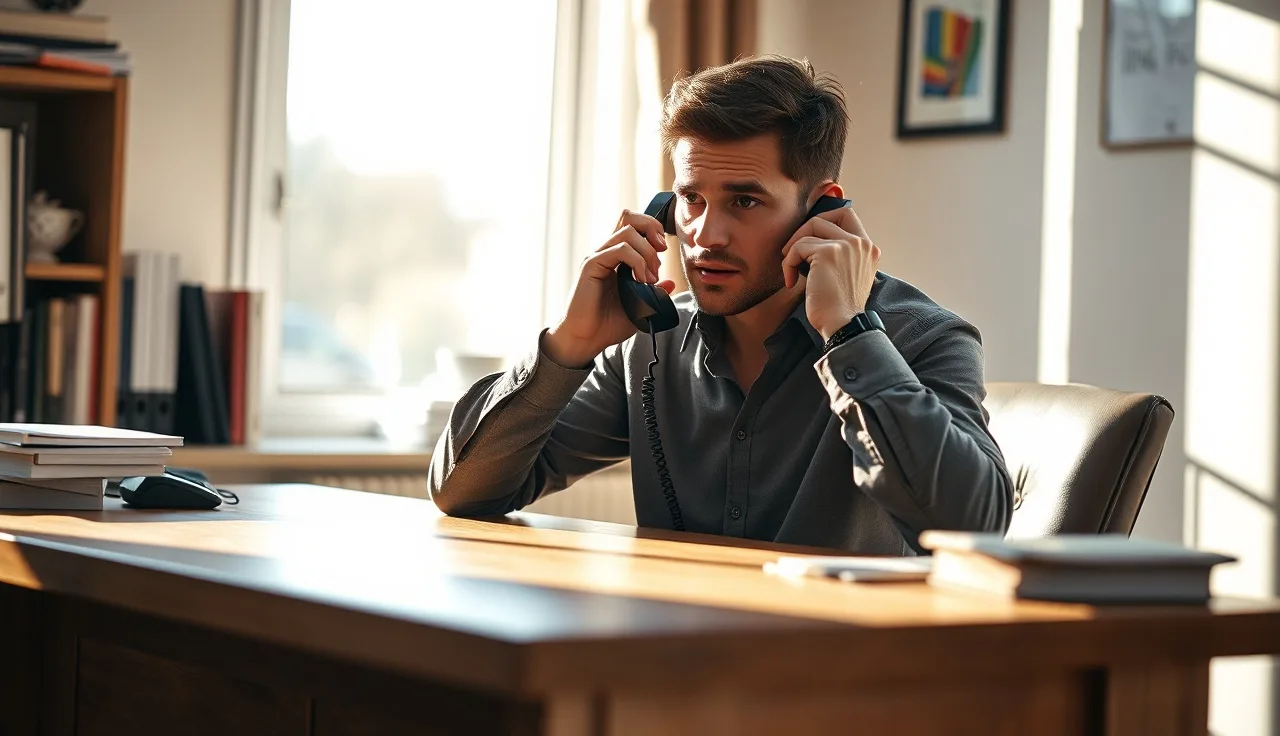 Person holding phone away from ear at a desk, looking concerned about an unwanted robocall