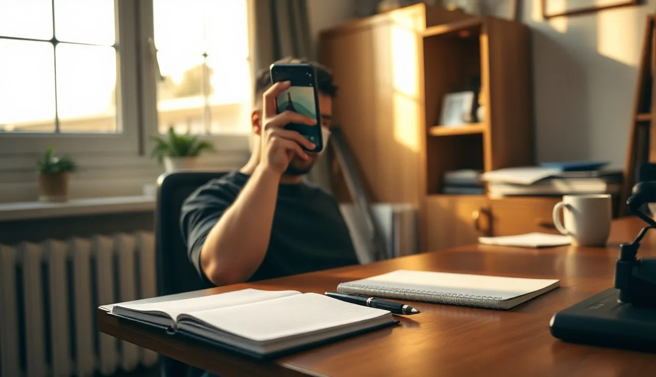 Person recording a phone call on a smartphone at a wooden home office desk