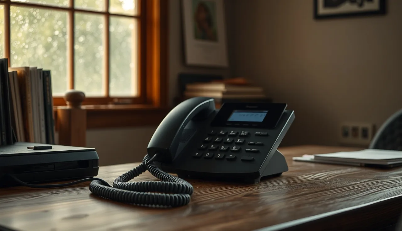 Landline phone on a wooden desk in a Pacific Northwest home office