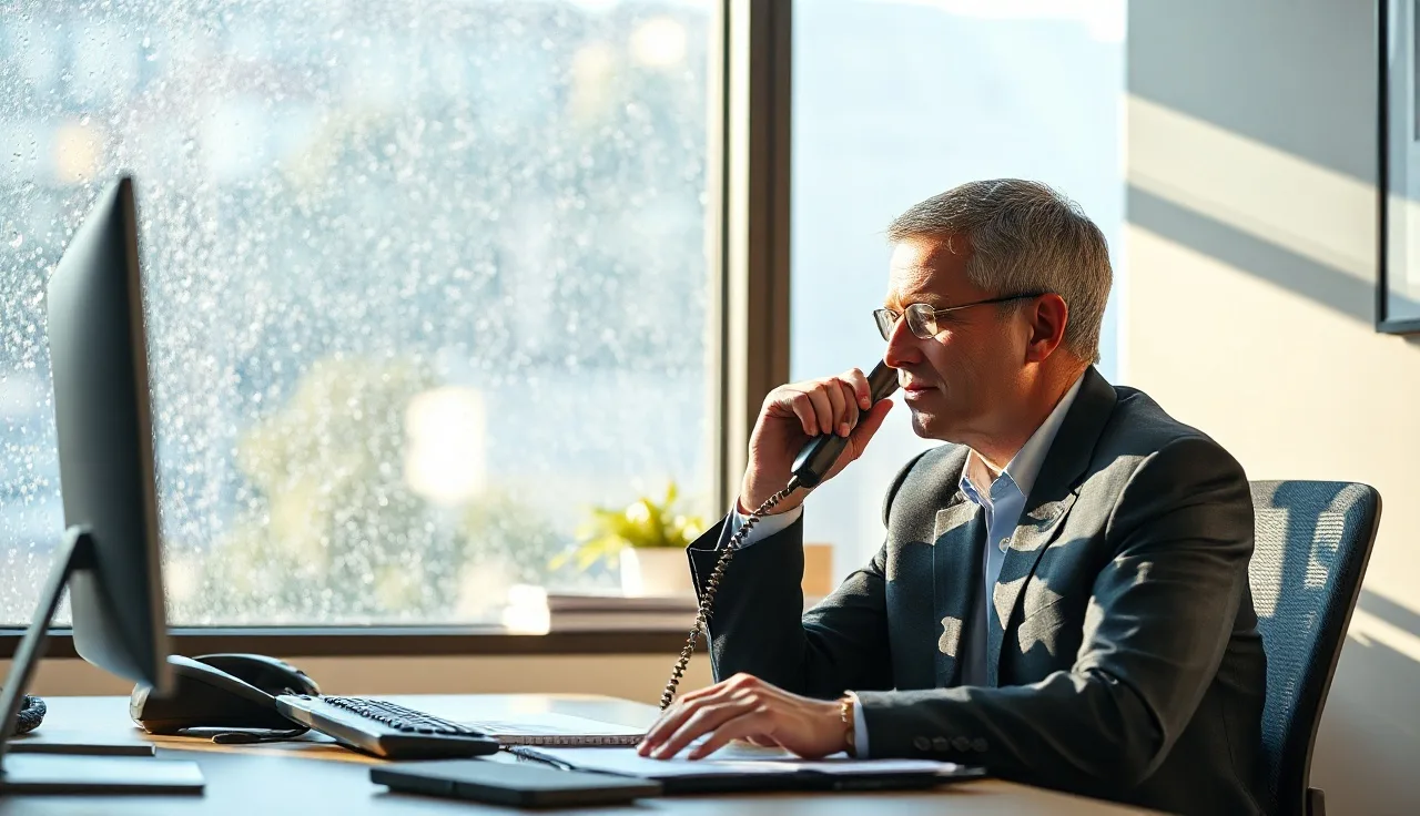 Professional on a phone call at a desk near a rainy Seattle office window