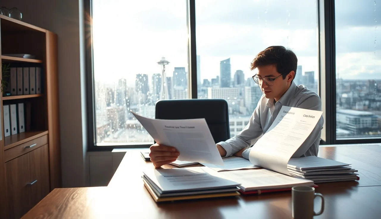 Compliance officer reviewing SMS compliance documents at a desk near a rainy Washington window