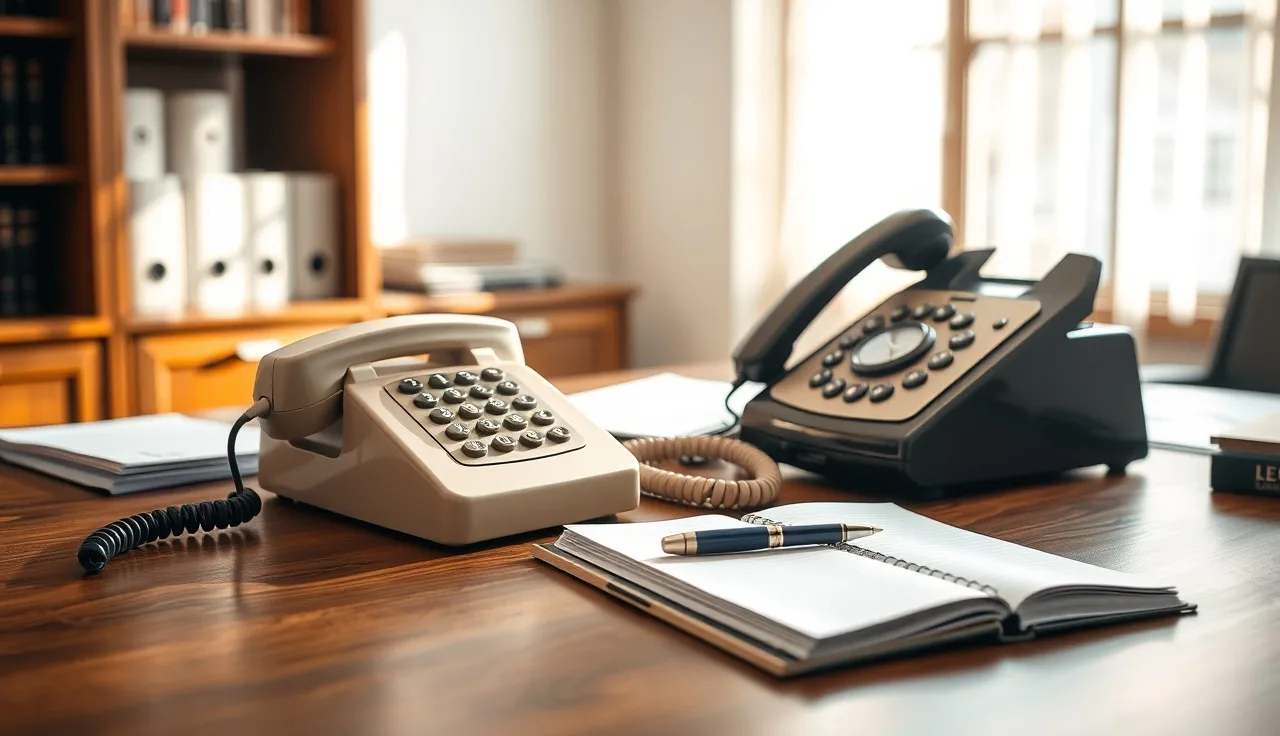 Telephone handset on a wooden desk in a law office with morning light