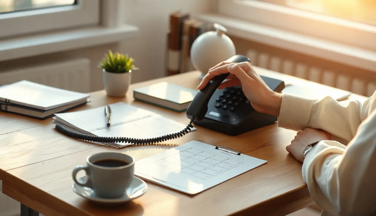 Person reviewing outbound call compliance paperwork at a home office desk