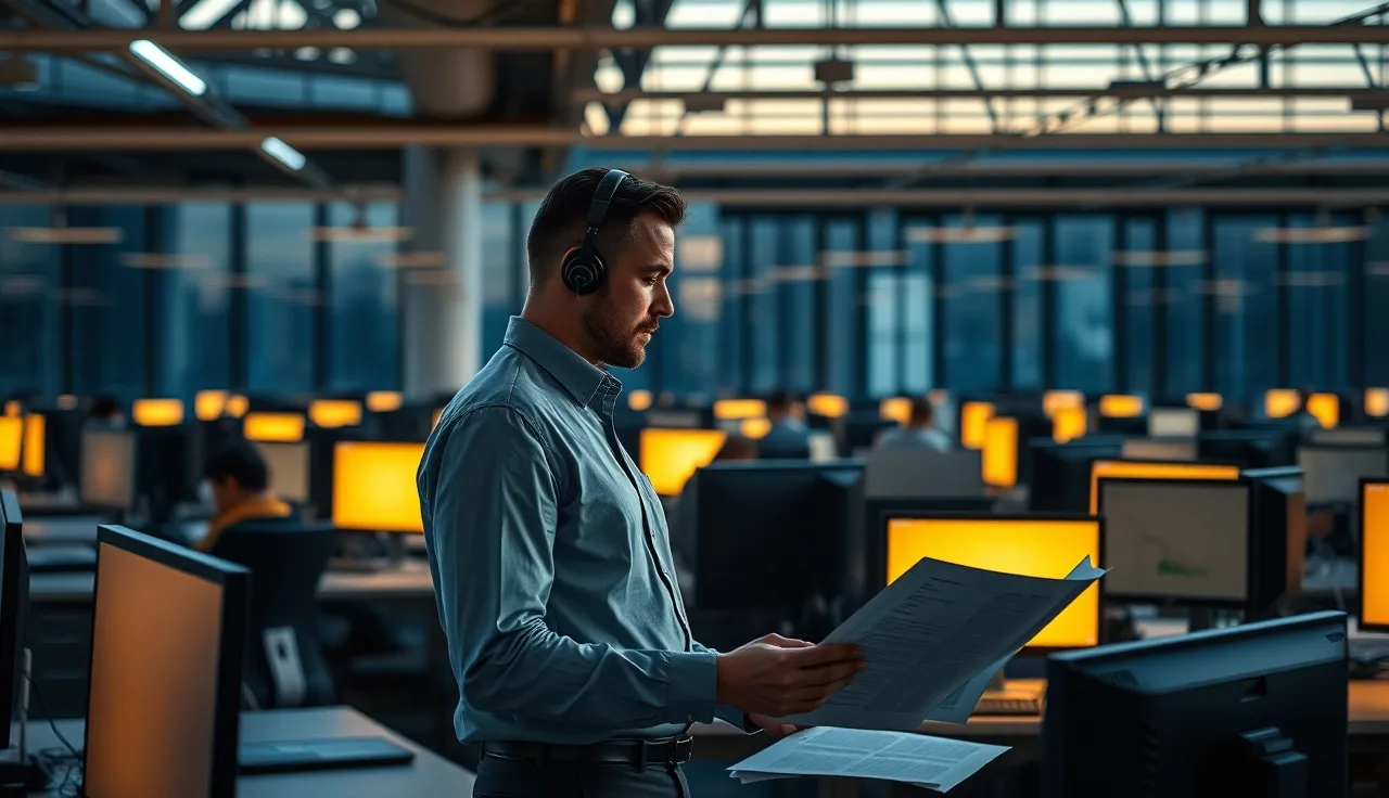 Compliance manager reviewing documents in a modern AI contact center office at dusk