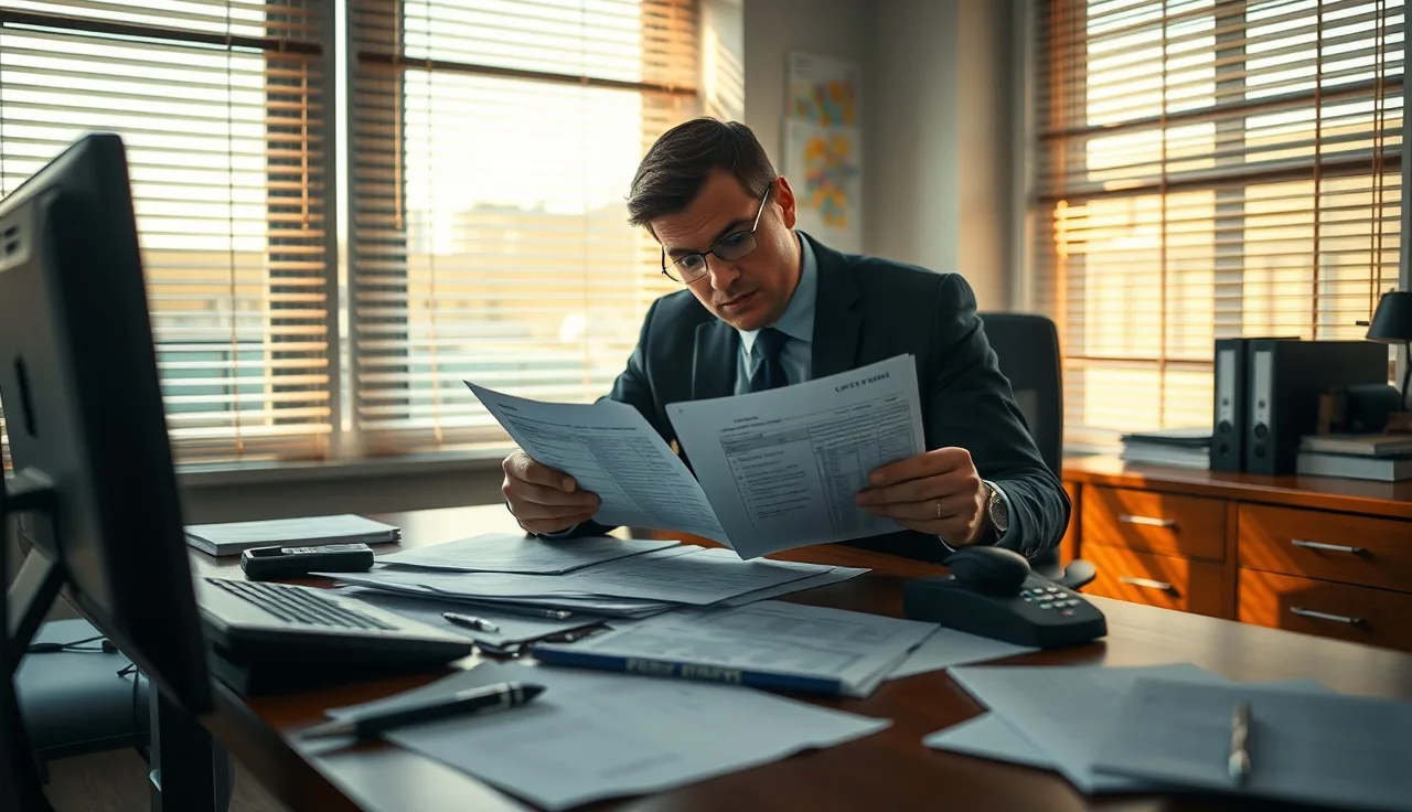 Compliance officer reviewing debt collection call records at a desk in afternoon light