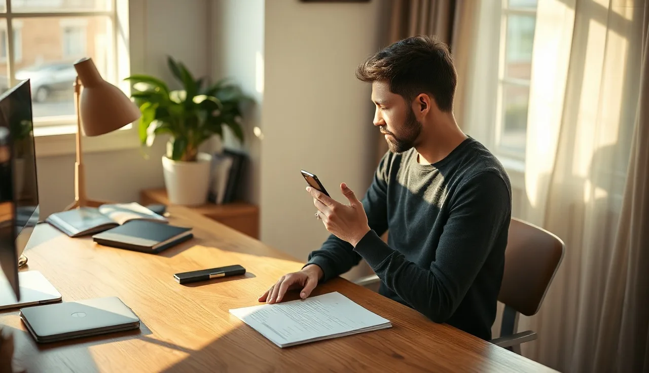Person viewing a voicemail notification on a smartphone at a home office desk
