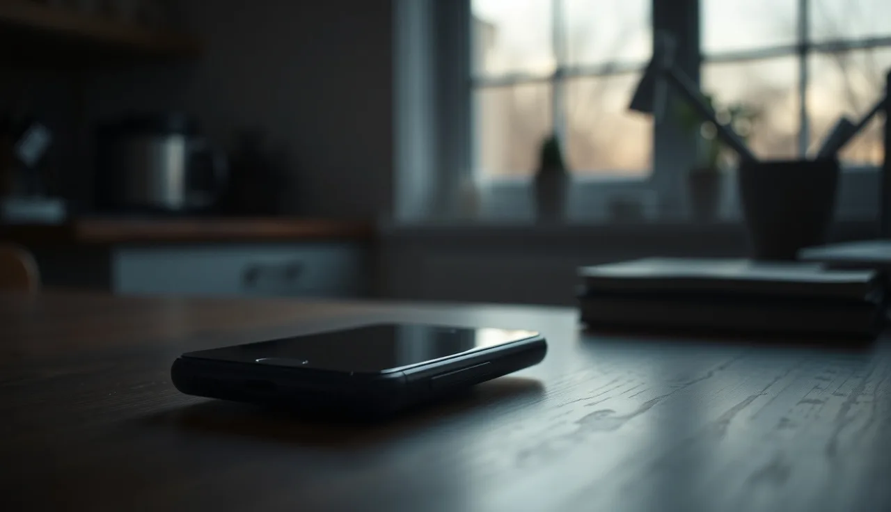 Smartphone face-down on a desk in early morning low light, representing robocall calling hours