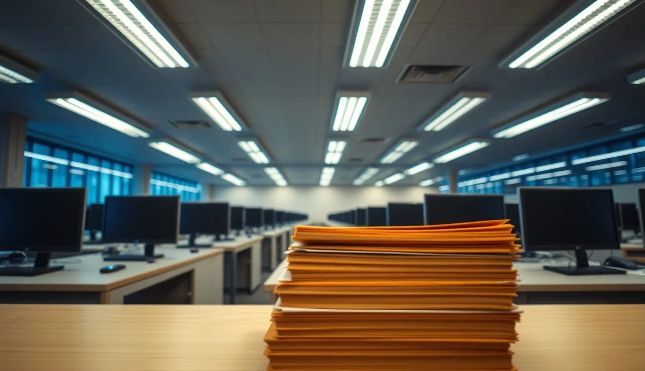 Empty open-plan office at dusk with computer screens and stacked file folders