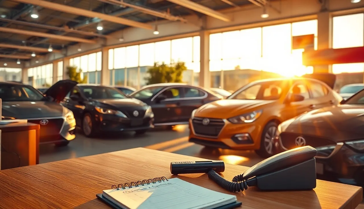 Empty auto dealership showroom floor with telephone on salesperson desk at golden hour