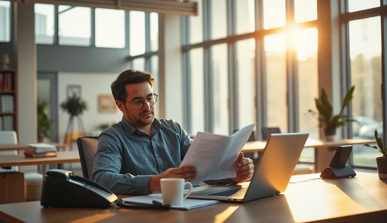 Sales manager reviewing auto dialing compliance call logs at a sunlit office desk