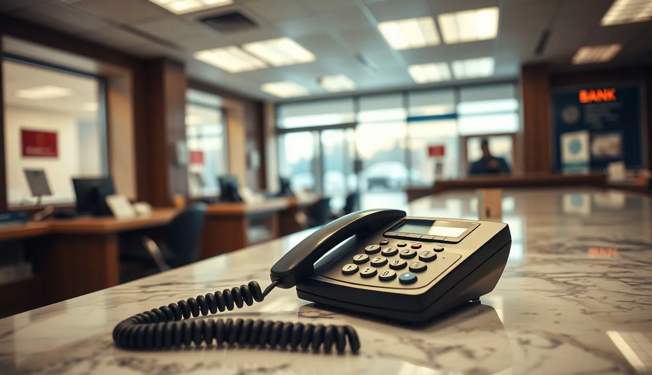Bank teller counter with a telephone handset in the foreground, financial institution setting