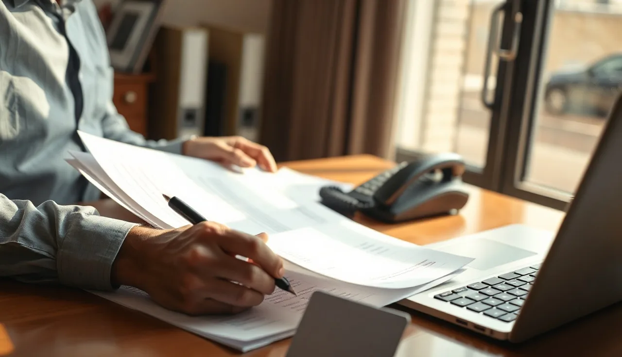 Office professional reviewing call compliance records at a desk near a window